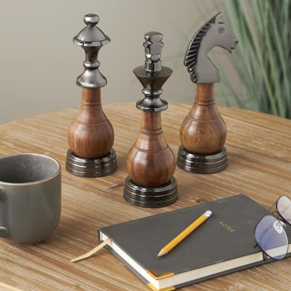 Litton Lane Dark Gray Aluminum Metal King, Queen, and Knight Chess Sculpture with Mango Wood Center Set of 3