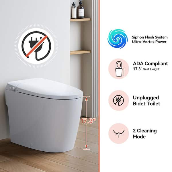 Non-Electric Elongated Bidet Toilet 1.0 GPF in White with ADA Chair Height, Foot Kick to Flush