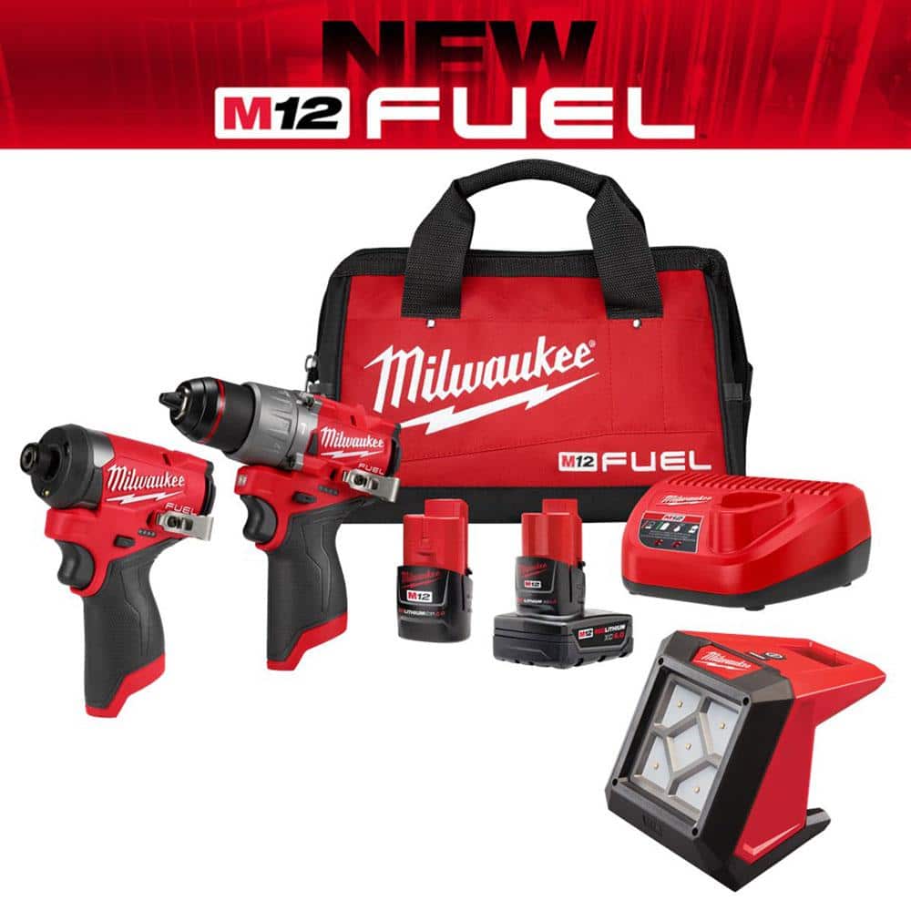 Milwaukee M12 FUEL 12-Volt Li-Ion Brushless Cordless Hammer Drill and Impact Driver Combo Kit (2-Tool) with LED Flood Light -  3497-22-2364