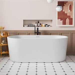 59 in. Modern Luxury Acrylic Freestanding Flatbottom Tub Curve Edge Non-Whirlpool Soaking Bathtub in White