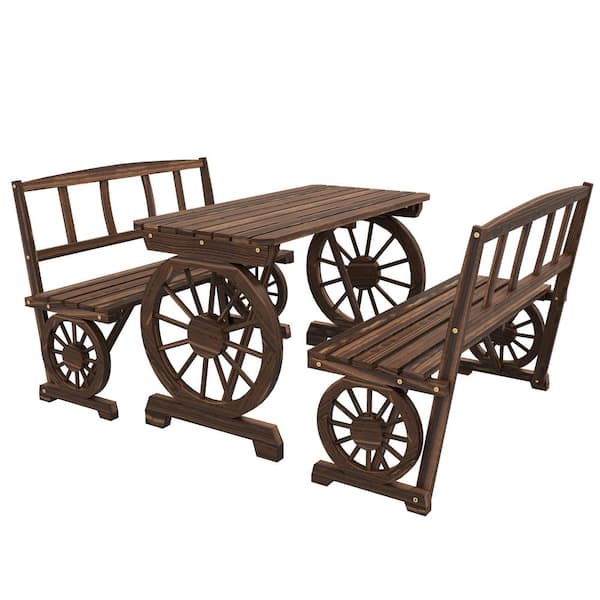 Wooden picnic table with benches and wheels on a plain background.
