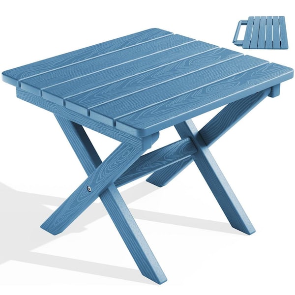 Phewnyzo 16.73 in. x 17.91 in. x 14.37 in. Blue Rectangular High Density Plastic Portable Small Outdoor Table Weather Resistant