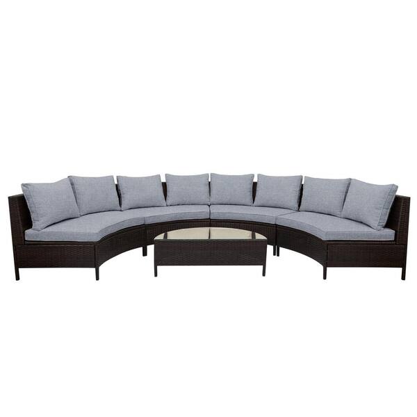 Utopia 4niture Toni Brown 5-Piece Wicker Outdoor Sectional Set with Tempered Glass Table and Beige Cushions