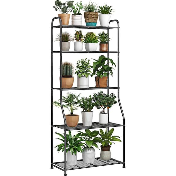 27.5 x 8.5 x 64 in Indoor/Outdoor Black Metal Plant Stand 5-Tier