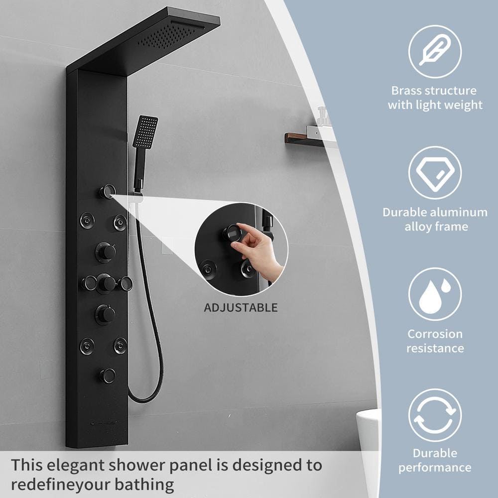 Matte Black 52'' Shower Panel with Rainfall Shower Head and Body Jets