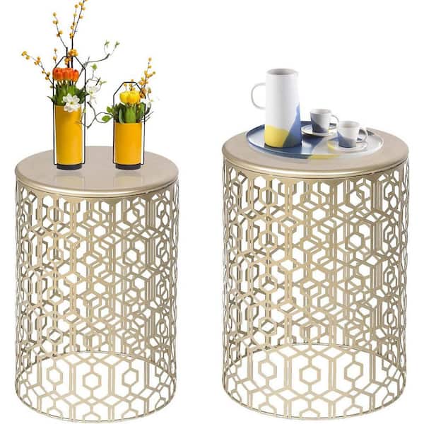 Dyiom Metal Nesting Tables Round End Side Coffee Table Decorative Nightstands for Garden Outdoor in Gold (Set of 2)