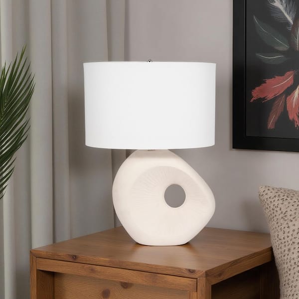 26 in. Ivory Ceramic Table Lamp with Cutout Design and White Linen Shade
