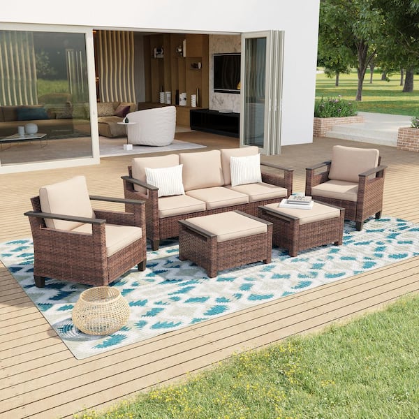 Sonkuki 5 Pieces All-Weather PE Brown Wicker Patio Conversation Set with Sand Cushion
