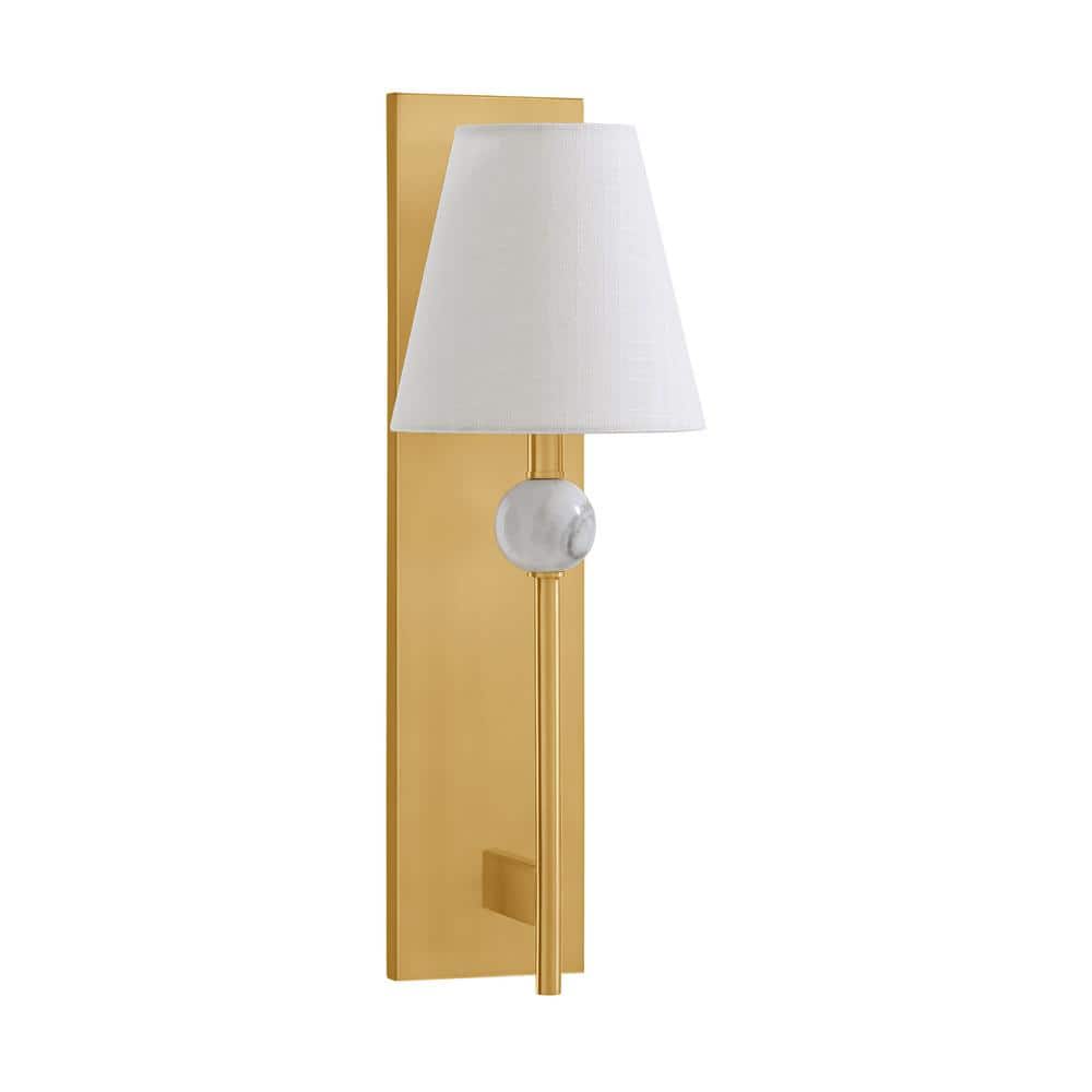 Warm Brass Wall Sconce with White Fabric Shade and Marble Accent
