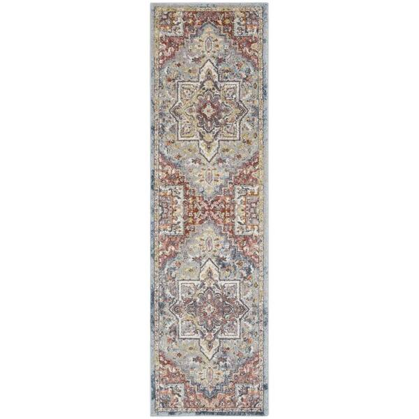 8' Blue and Red Floral Medallion Distressed Non Skid Runner Rug