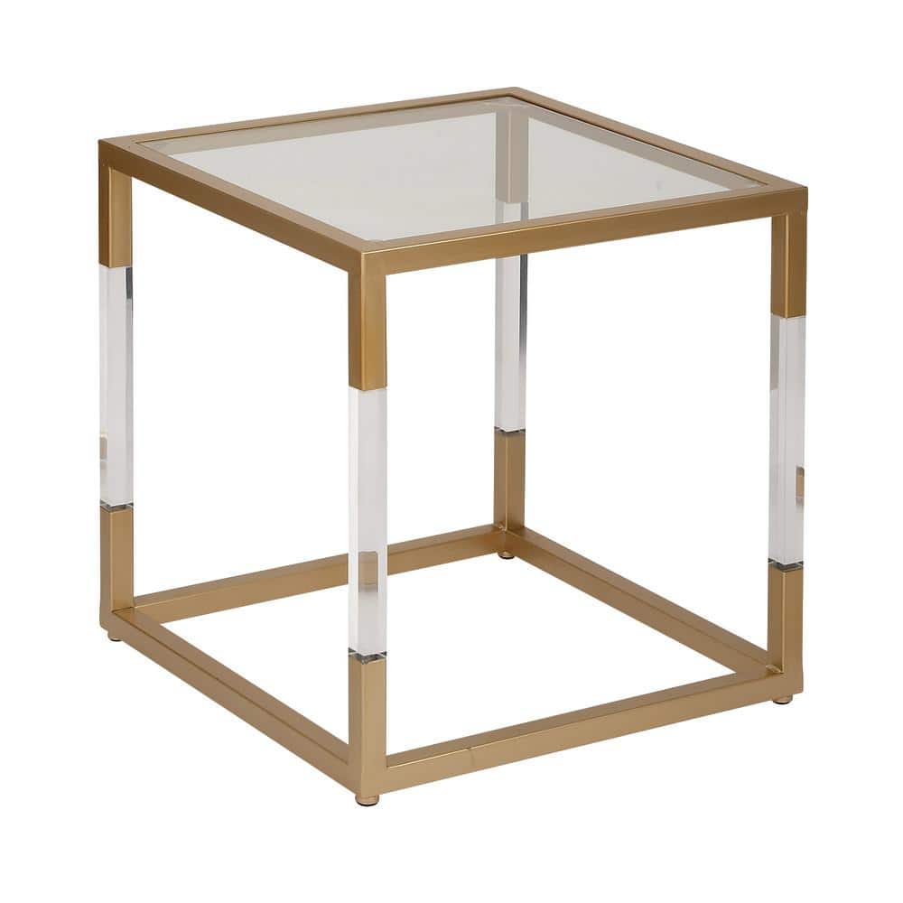 Gold Metal and Clear Glass Square End Table with Acrylic Legs