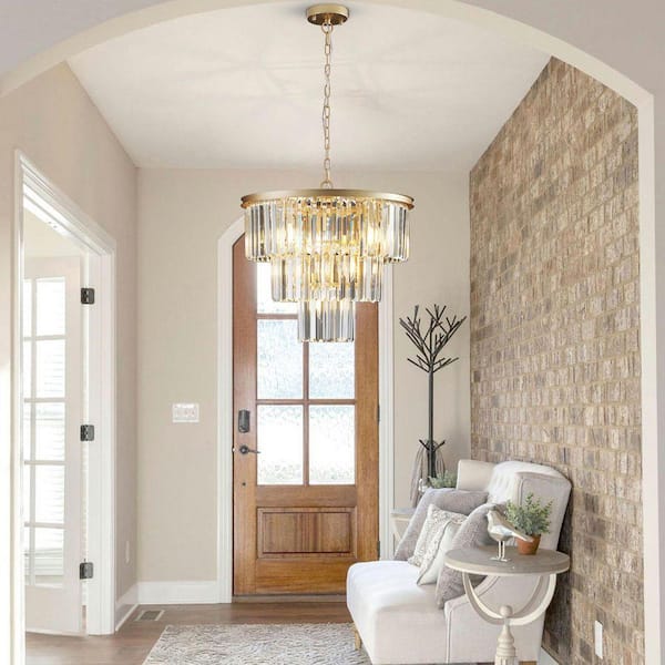 GMGSROM 20 in. 7-Light Modern Gold 3-Tier Round Crystal Fringe