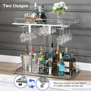Clear Chrome Acrylic Serving Cart with Wine Rack and Glass Holder