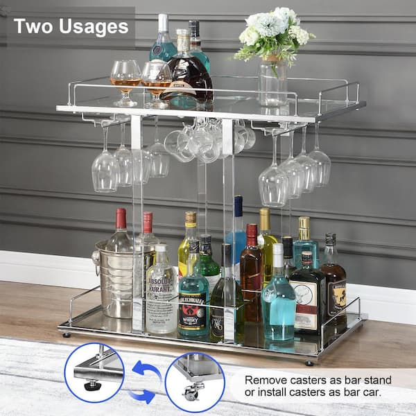 Hausfame Clear Chrome Acrylic Serving Cart with Wine Rack and Glass Holder