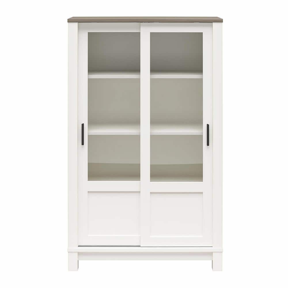 Keates Rustic Bookcase Cabinet with Sliding Glass Doors, White with Brown O