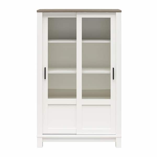 Ameriwood Home Keates Rustic Bookcase Cabinet with Sliding Glass Doors, White with Brown Oak Top