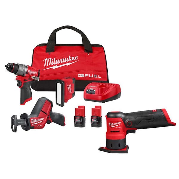 Milwaukee M12 FUEL 12-Volt Li-Ion Brushless Cordless Hammer Drill Combo Kit, Recip Saw, Light, Detail Sander w/2 Batteries(4-Tool)