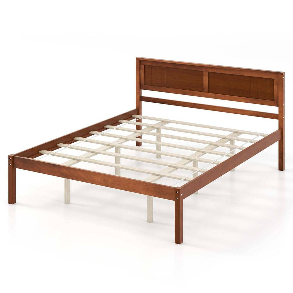 Brown Walnut Wood Frame Queen Size Platform Bed Frame with Headboard Mattress Foundation -  Costway, HU10482BN-Q