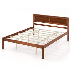 Brown Walnut Wood Frame Queen Size Platform Bed Frame with Headboard Mattress Foundation
