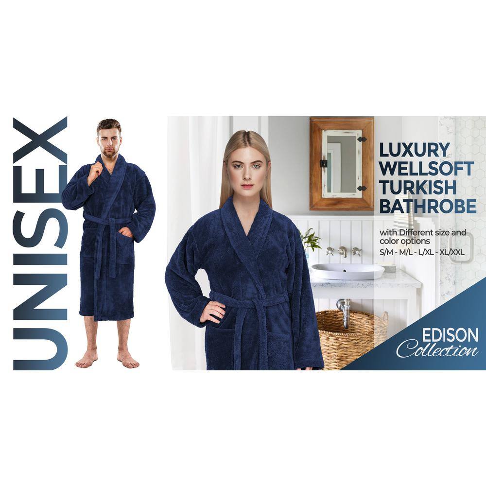 Navy Blue L/XL Fleece Bathrobe with Shawl Collar