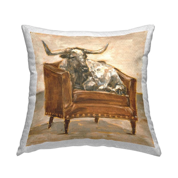 Stupell Industries Brown Bull Resting in Orange Brown Chair Brown Square Outdoor Throw Pillow