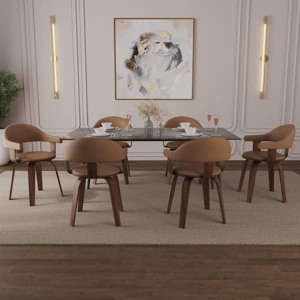 Brivo Leather Dining Chair with Wooden Legs – Open-Back Swivel Armchair with Poplar Wood Base Set of 4 in Brown