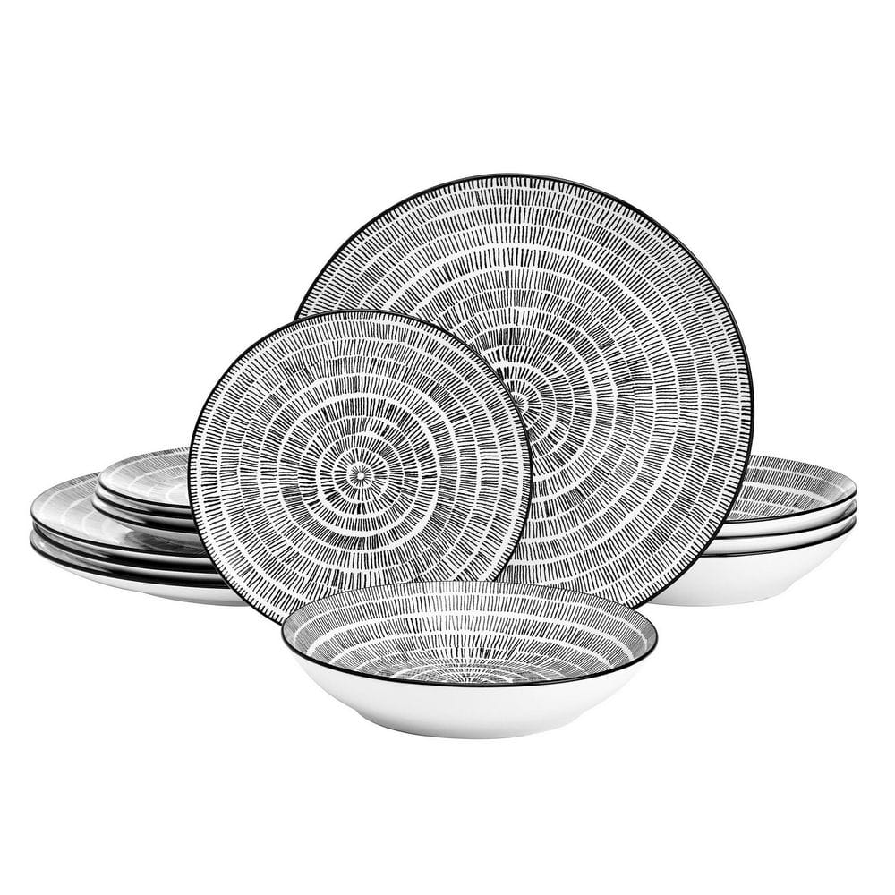 Sketch Serenade Geometric 12-Piece Black and White Porcelain Dinnerware Set, Service for 4 price history on PriceWatchPro