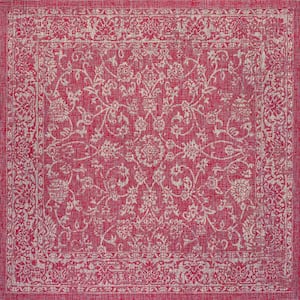 Tela Bohemian Textured Weave Floral Fuchsia/Light Gray 5 ft. Square Indoor/Outdoor Area Rug