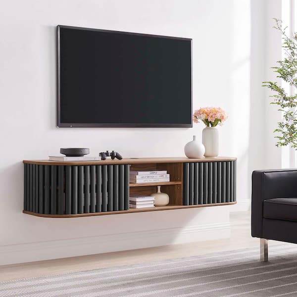 Walnut Floating TV Stand Media Console With Sliding Doors, TV Stand 