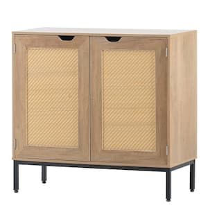 31.5 in. W x 13.7 in. D x 30.1 in. H Natural Brown Linen Cabinet with 2 Rattan Doors