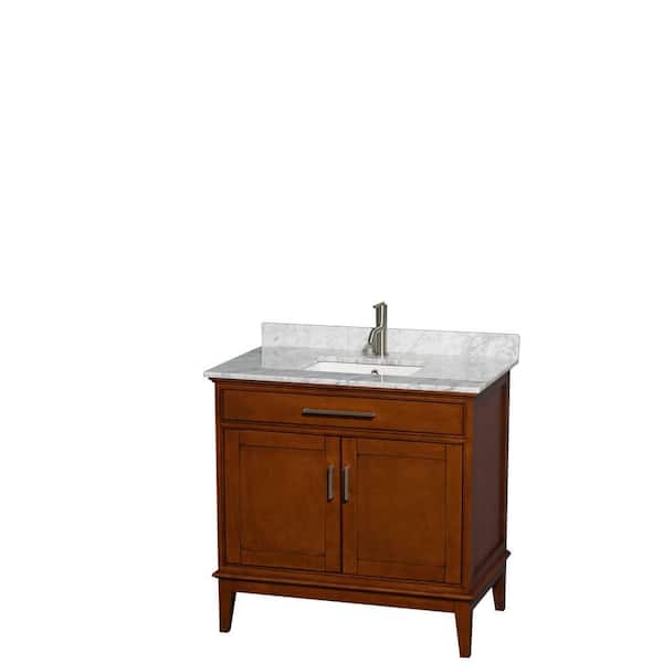 Wyndham Collection Hatton 36 in. Vanity in Light Chestnut with Marble Vanity Top in Carrara White and Square Sink