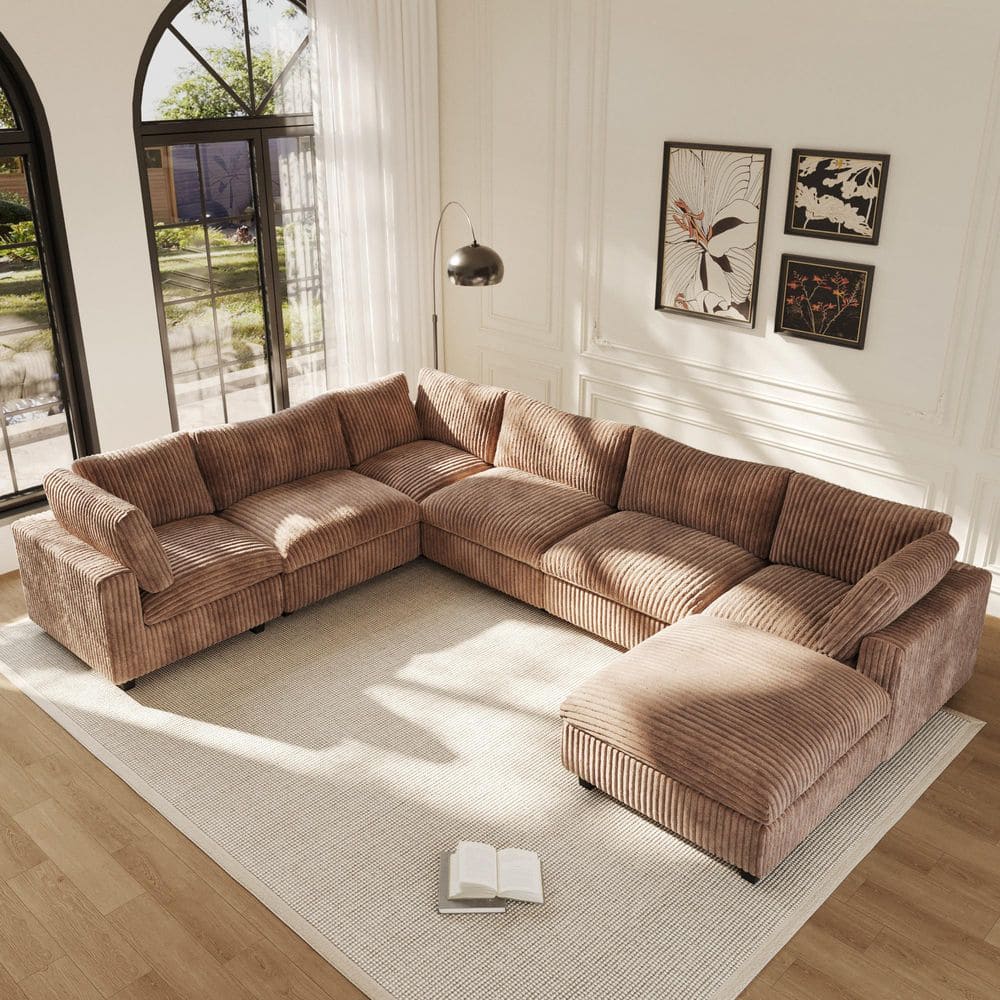157.48 in. W Square Arm 6-piece Faux Rabbit-Hair Plush Velvet Modular Sectional Sofa With Removable Covers in. Brown
