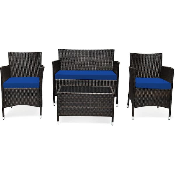 HONEY JOY 4-Piece Wicker Patio Conversation Set Rattan Furniture Set Sofa Chair Table Set w/Navy Cushions
