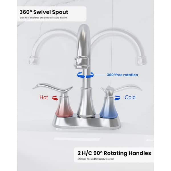 4 in. Centerset Double Handle 360° Swivel Bathroom Sink Faucet with Drain Kit Included in Chrome
