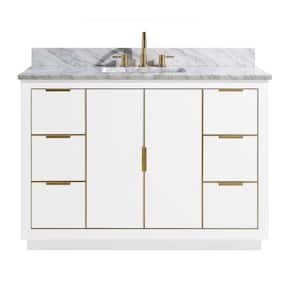 Austen 49 in. W x 22 in. D Bath Vanity in White with Gold Trim with Marble Vanity Top in Carrara White with White Basin