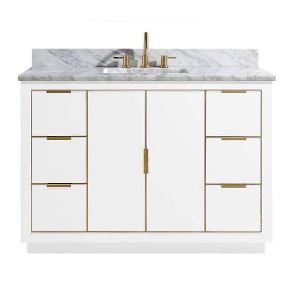 Avanity Austen 49 in. W x 22 in. D Bath Vanity in White with Gold Trim with Marble Vanity Top in Carrara White with White Basin