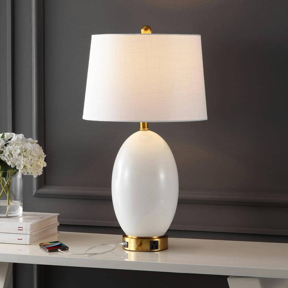 JONATHAN Y Reese 26.5 in. 1-Outlet Contemporary Style Iron/Glass LED Table  Lamp with USB Charging Port, White/Brass Gold JYL4053A - The Home Depot