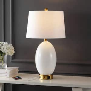 Reese 26.5 in. 1-Outlet Contemporary Style Iron/Glass LED Table Lamp with USB Charging Port, White/Brass Gold