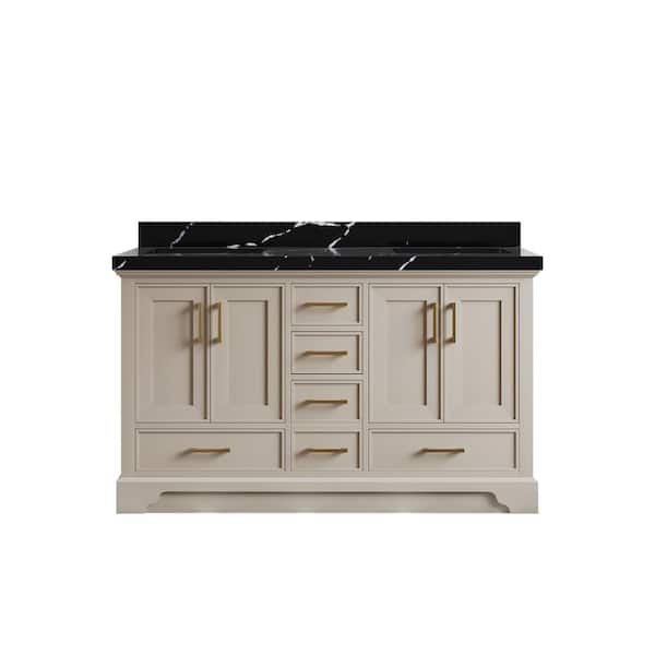 Willow Collections Charlotte 60 in. Double Sink Freestanding Fine Grain Bath Vanity with Calacatta Black Qt. Top Unassembled