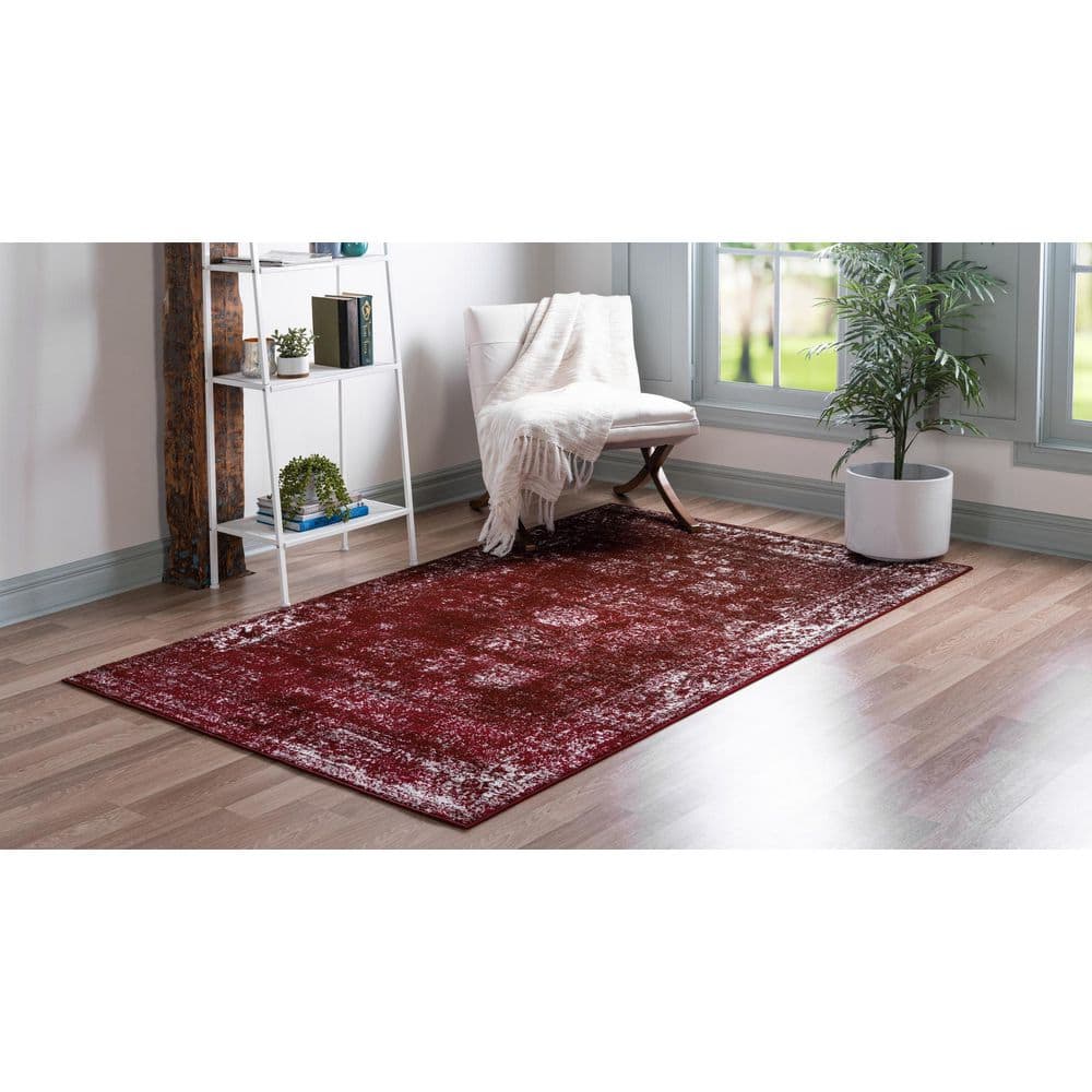 Burgundy and Gray Rectangular Synthetic Area Rug