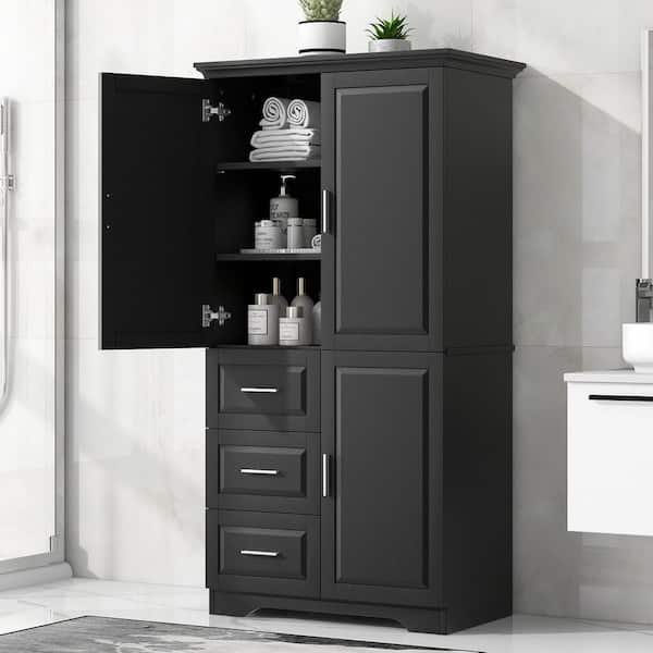 32.6 in. W x 19.6 in. D x 62.2 in. H Black MDF Board Tall Linen Cabinet with Adjustable Shelf and 3 Drawers