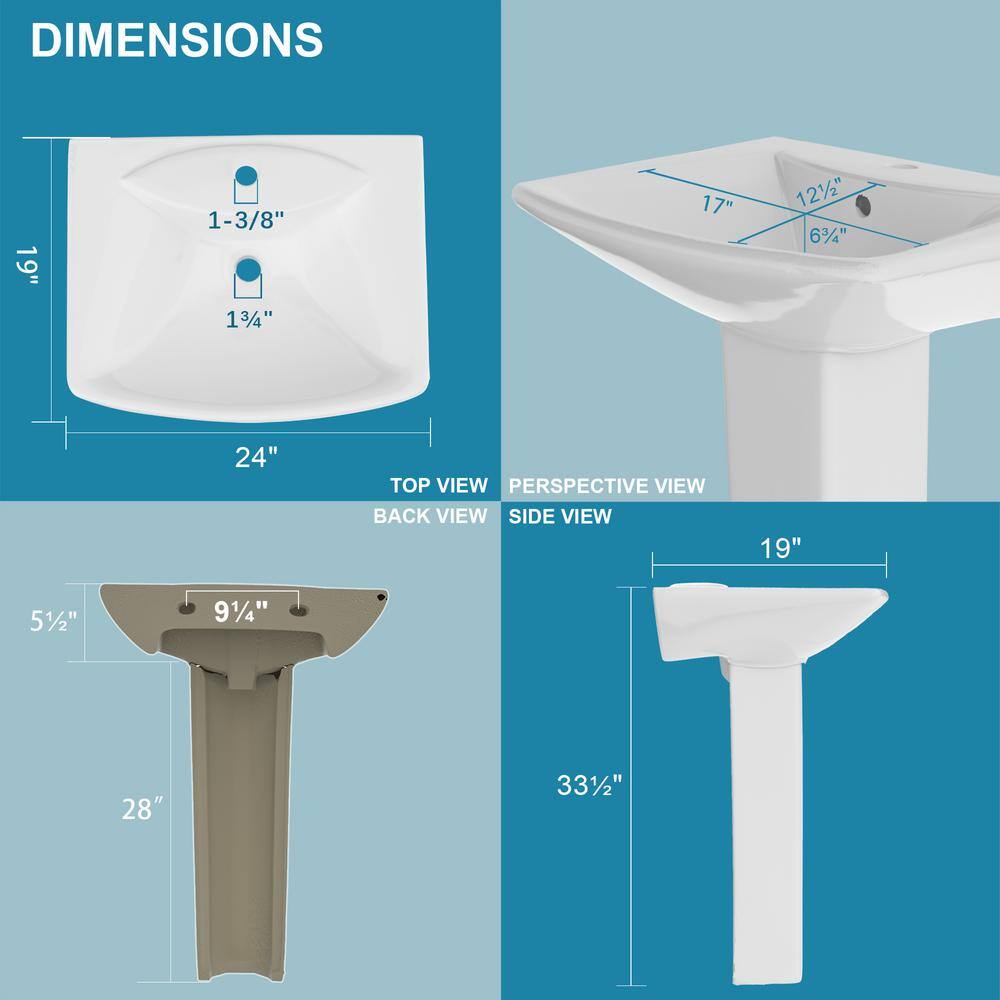 24" White Vitreous China Rectangular Pedestal Bathroom Sink
