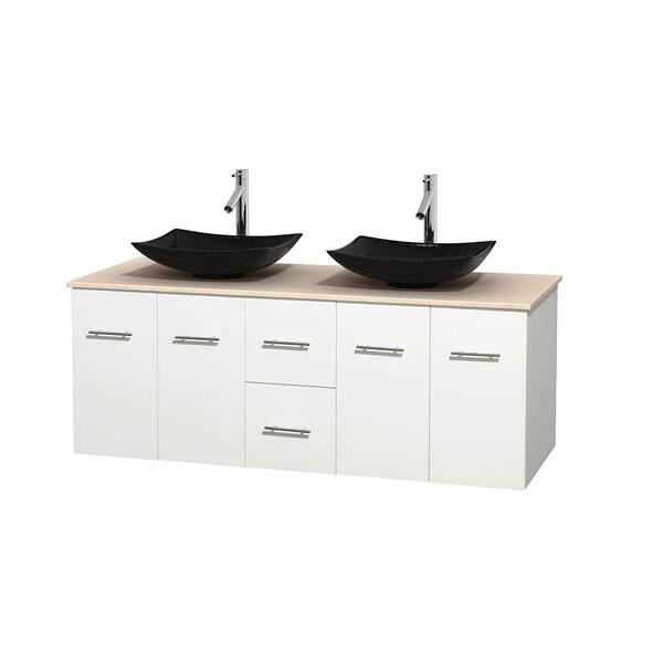 Wyndham Collection Centra 60 in. Double Vanity in White with Marble Vanity Top in Ivory and Black Granite Sinks