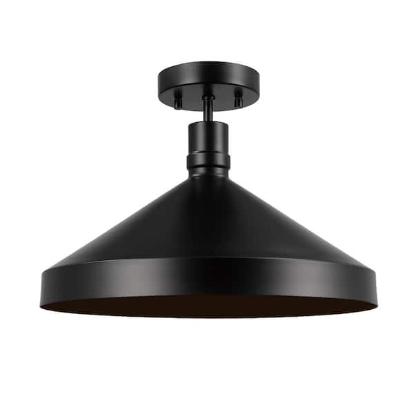 1-Light Matte Black Outdoor Flush Mount Light with Metal Black Shade