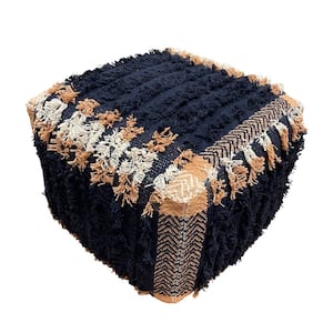 Shabby Chic Navy Blue / Peach 18" x 14" Square Rustic Textured Cotton Pouf