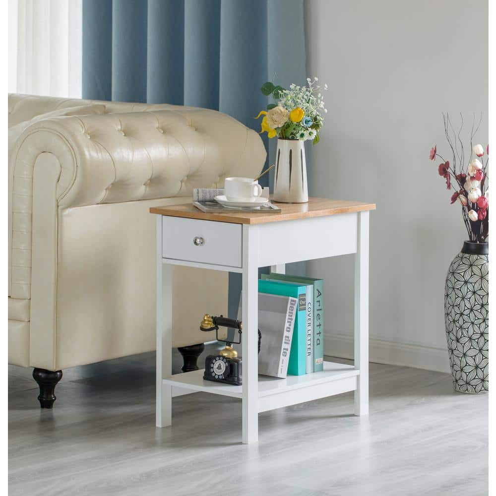 White and Light Brown Wooden Rectangular Accent Table with Drawer and Shelf