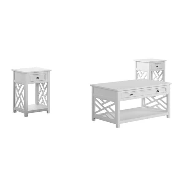 Alaterre Furniture Coventry 3-Piece 36 in. White Medium Rectangle Wood Coffee Table Set with Drawer