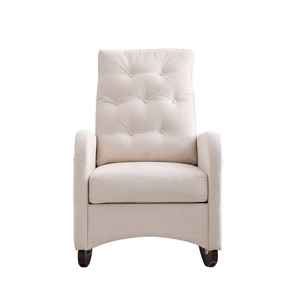 Brown Wood Outdoor Rocking Chair with Beige Cushions Seat, 2-Side Pockert