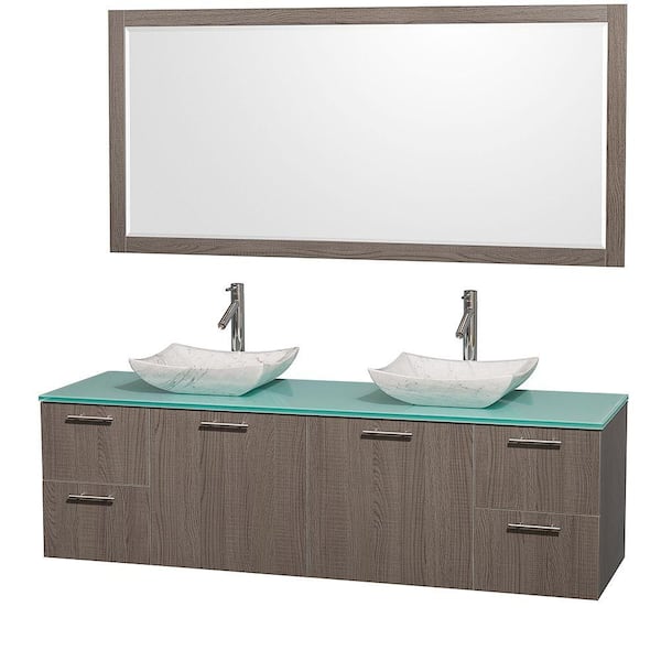 Wyndham Collection Amare 72 in. Double Vanity in Grey Oak with Glass Vanity Top in Aqua and Carrara Marble Sink