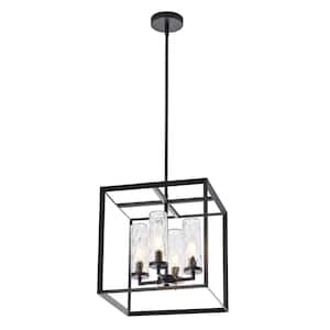 13.8 in. 4-Light Lantern Square Pendant Light Geometric Industrial Lighting Hanging with Water Ripple Glass Shade
